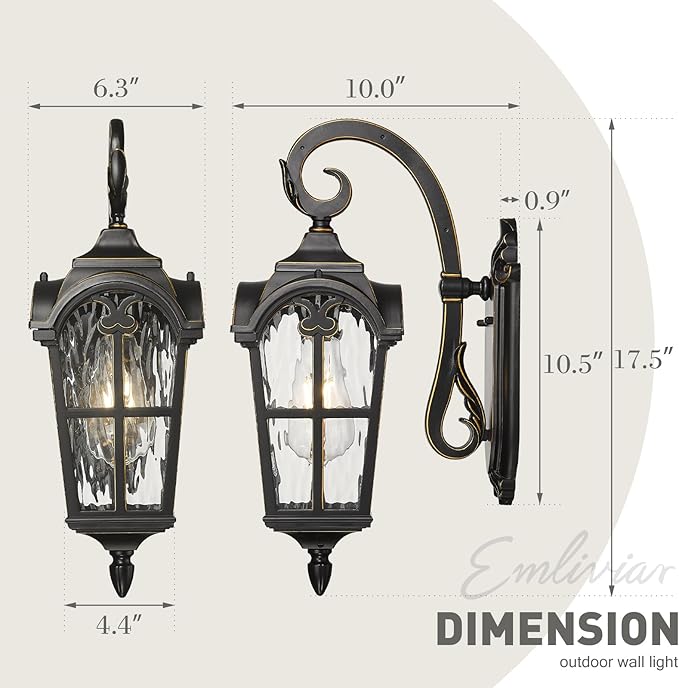 Emliviar Vintage Outdoor Lighting Fixture Wall Sconces with Water Ripple Glass, 17.5" Front Porch Wall Lantern, Black Finish with Gold Edges, WE215B-SW BG