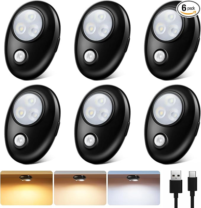 Motion Sensor Puck Lights, 3 Color Temps Dimmable LED Closet Light, Wireless USB Magnetic Cabinet Lights, Black Stick On Motion Sensor Light Indoor for Stair, Kitchen, Shelf (6 Pack)