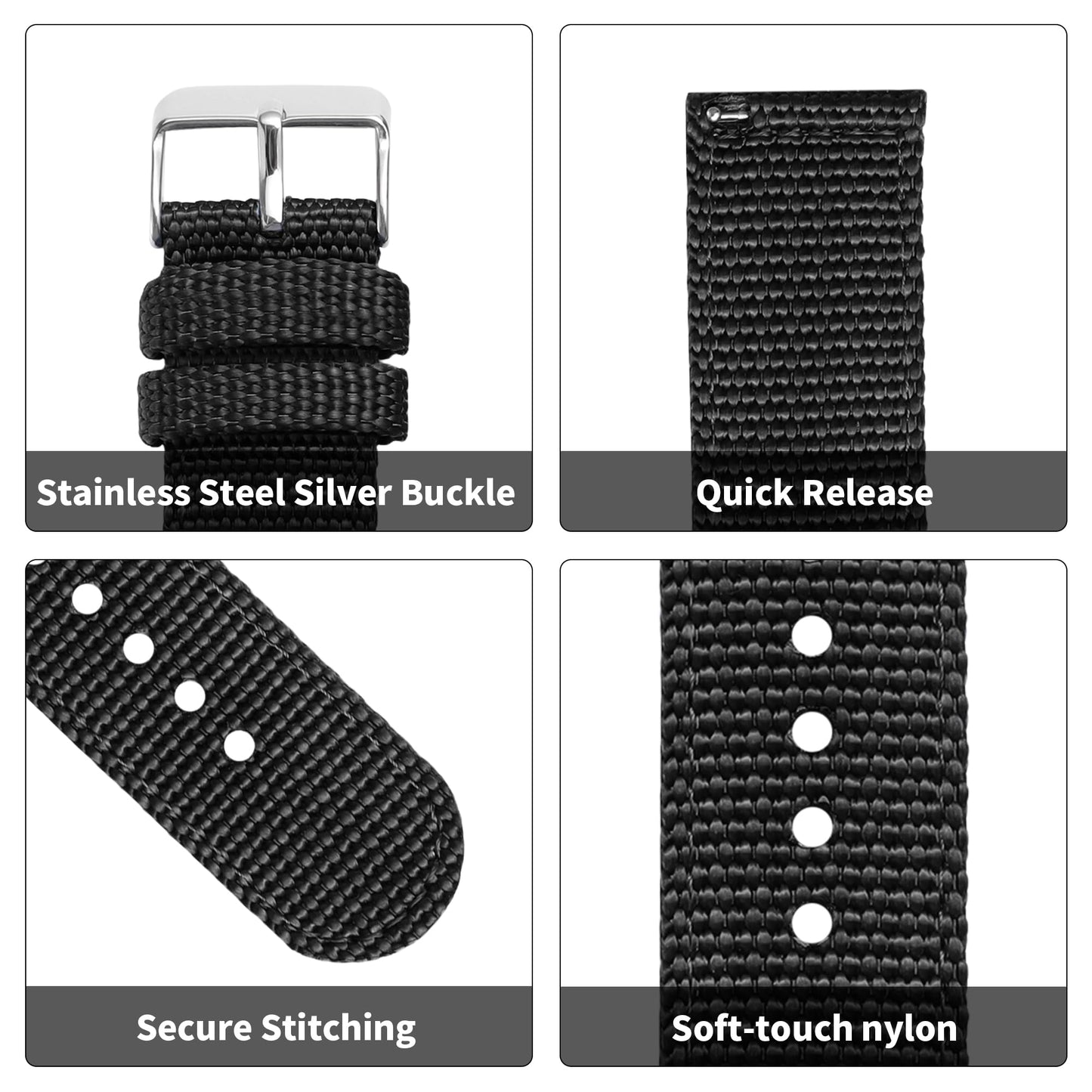 JUNGHELE Nylon watch band for men and women,Quick release Nylon watch strap with Silver Buckle,Black 18mm Canvas Watch Strap