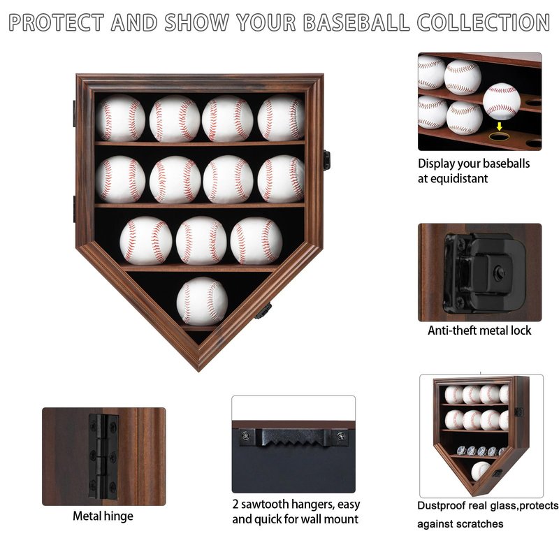 Grintus Baseball Display Case Real Glass-Solid Wood Baseball Holders for Balls and Championship Ring Display Wall Mount with Lockable Door for Autograph Balls Collection (Walnut)