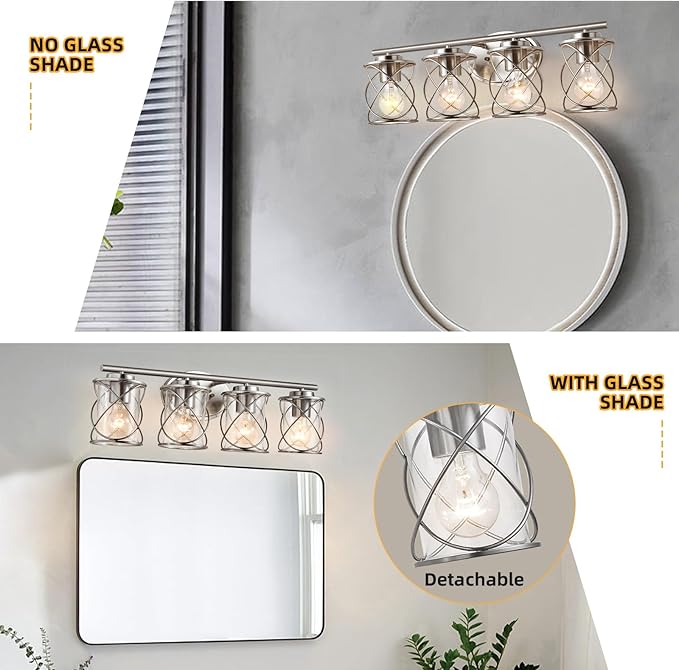 mavcadonf Bathroom Vanity Light Fixtures Over Mirror, 4 Lights Modern Bathroom Wall Lamp for Mirror Kitchen Living Room Hallway Cabinet Porch, Farmhouse Wall Lights with Cage Shade, Brushed Nickel