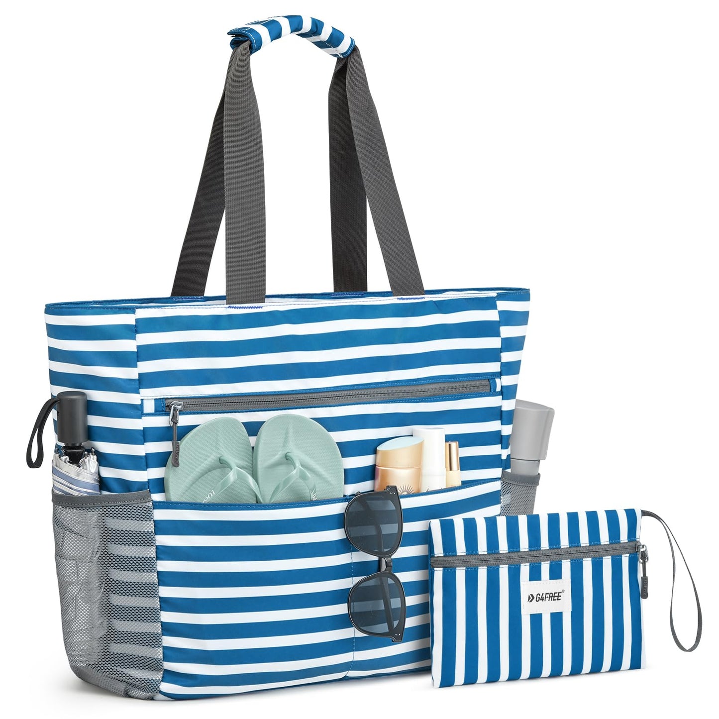 G4Free Beach Bag, Waterproof Sandproof Beach Tote Bag, Large Capacity Foldable for Women, Navy Stripe