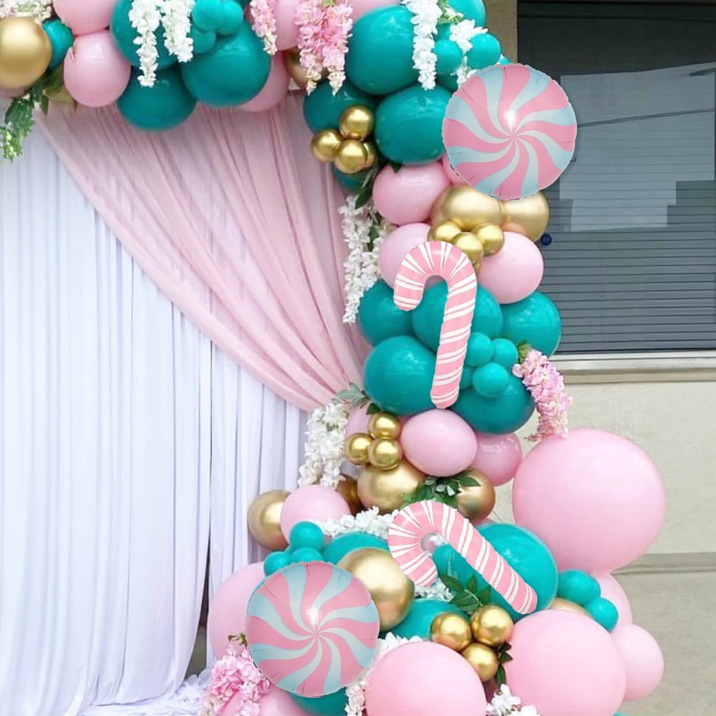 Christmas Gingerbread Balloon Garland Arch Kit Pink Teal Balloons Arch Kit with Candy Cane Foil Christmas Mylar Balloons for Xmas New Year Cookie Exchange Gingerbread House Holiday Party Decorations