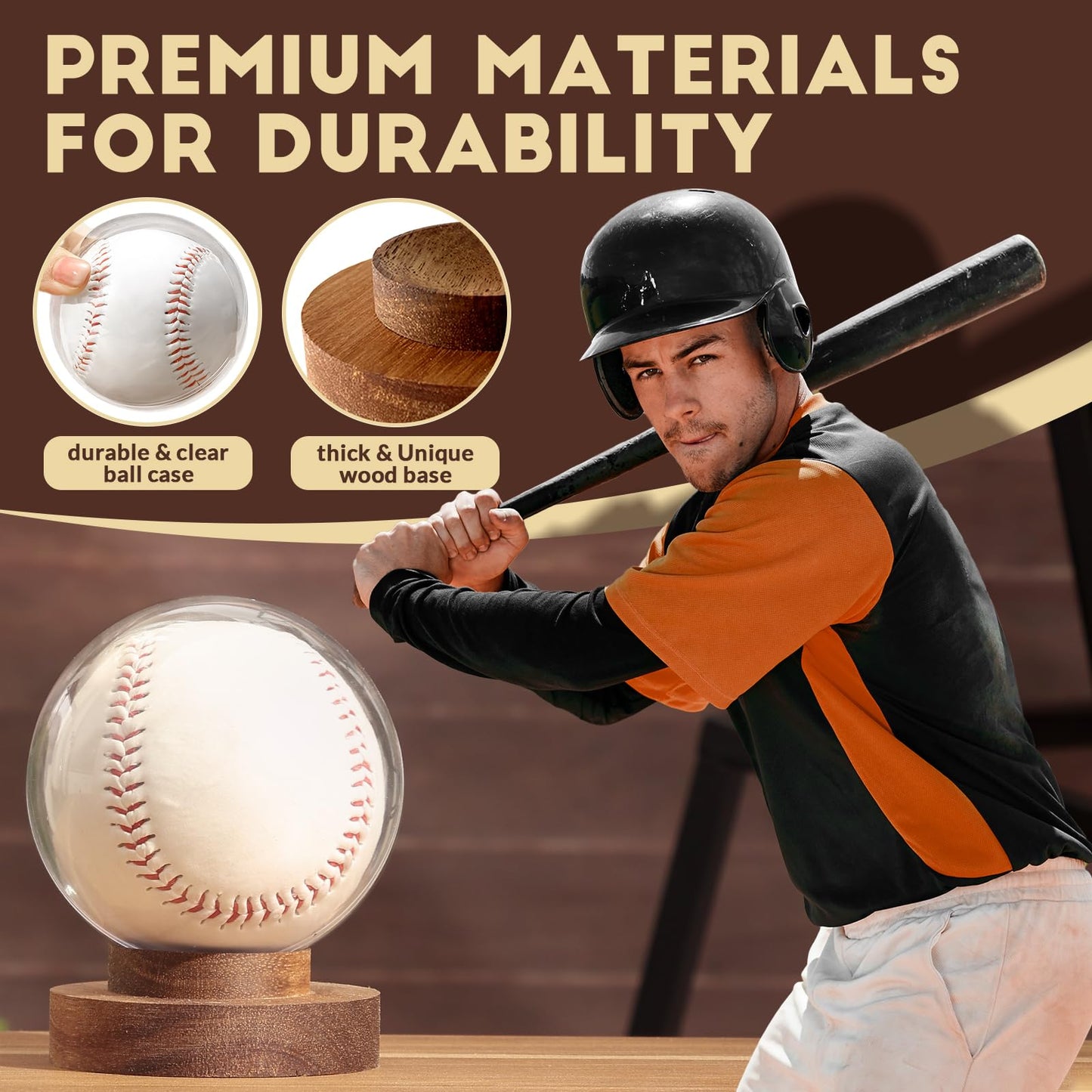 JupDec Baseball Display Case, Round Clear Ball Holder with Wooden Base, Autograph Baseball Stand Box for Single Ball, Acacia Wood, Brown, 2 Pack