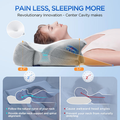 Effective Pain Relief Cervical Neck Pillow for Sleeping, Memory Foam Pillows for Neck Support, Odorless Contour Side Pillow, Ergonomic Bed Pillow for Back Stomach Sleeper (Grey and White)