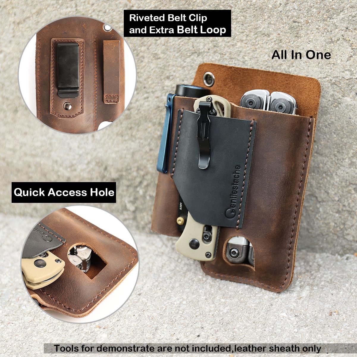 Gentlestache Leather Multitool Sheath - Leather Multi Tool Holster for Belt - Multitool Holder - Multitool Pouch for Leatherman Tool, Flashlight, Pen, Belt Clip EDC Belt Organizer Darkbrown