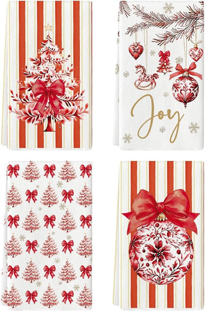Artoid Mode Red Porcelain Ornaments Xmas Tree Christmas Kitchen Towels Dish Towels, 18x26 Inch Farmhouse Holiday Winter Decoration Cleaning Set of 4