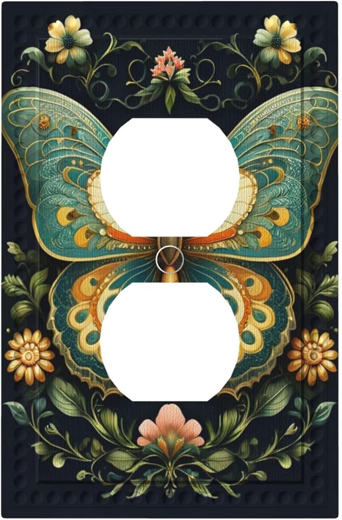 Butterfly Ornate with Flower Light Switch Cover 1 Gang Outlet Plate Single Duplex Wall Plate Covers Decorative Switchplate Covers Electrical Faceplate for Home Decor
