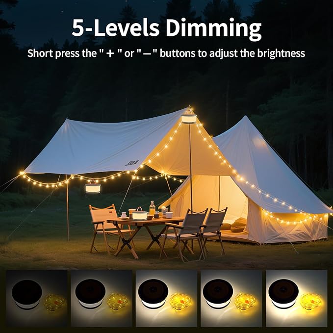 Camping String Lights, 3 in 1 Outdoor Camping Light with 6 Lighting Modes, Quick Storage 32.8FT Rechargeable Tent Lantern, Portable LED Hanging Light for Outdoor Patio Awning Garden Party