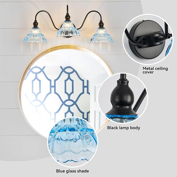 Vintage Bathroom Vanity Lights 3-Light Bedroom Vanity Lighting Fixtures Blue Wall Sconces for Mirror Pictures Hallway Dining Room Kitchen
