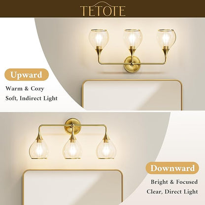 TETOTE 3-Light Modern Bathroom Light Fixtures, 3 Light Vanity Lights Over Mirror Gold Wall Lamp with Clear Glass for Bathroom, Mirror, Living Room, Bedroom, Hallway