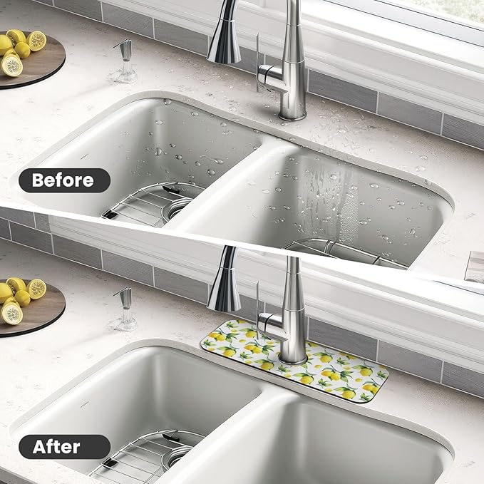 Yellow Lemon Green Leaves Kitchen Sink Splash Guard Faucet Mat Super Absorbent