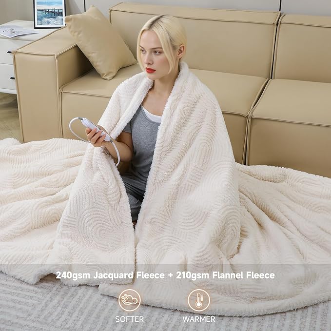 Heated Blanket Full Size - 72"x84" Cozy Soft Jacquard Heating Blanket with 4 Heat Levels & 10 Hours Auto-Off, Jacquard Fleece, Overheating Protection, Warm Gifts, Cream