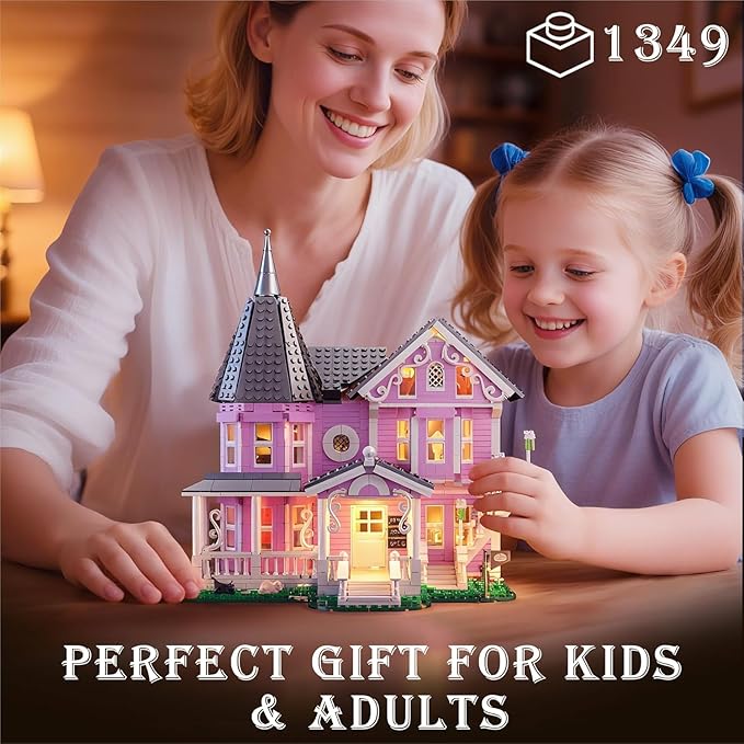 Pink Palace Apartment Building Set with Lights 1349PCS Halloween Haunted House Blocks Compatible with Lego Christmas Birthday Gifts for Kids &amp Collectors Aged 8+