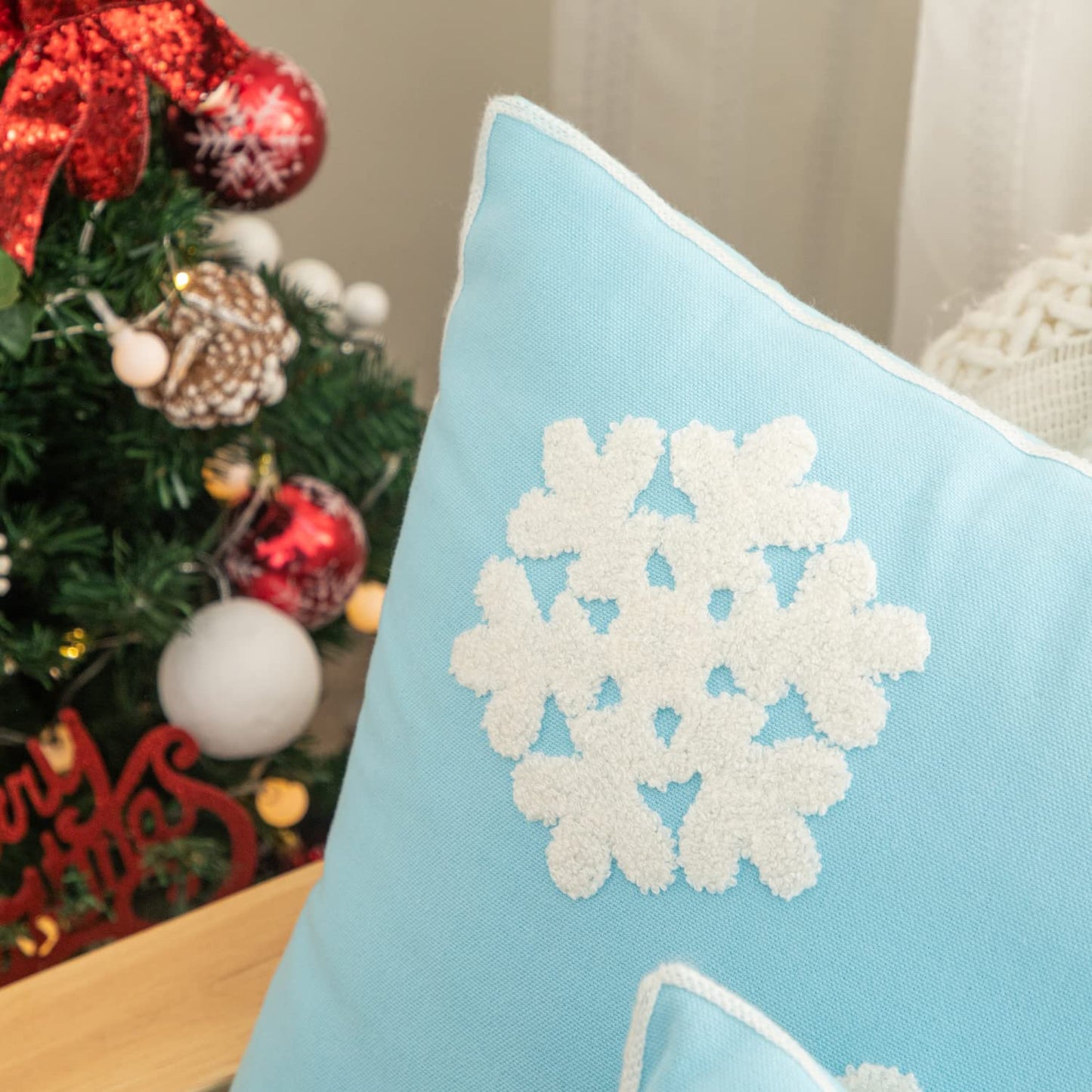 AFIRMLY 18x18,Cotton Christmas Blessing Throw Pillow Cover for Bed Sofa Cushion Car Snowflake Embroideried Pillowcases,1pair Blue