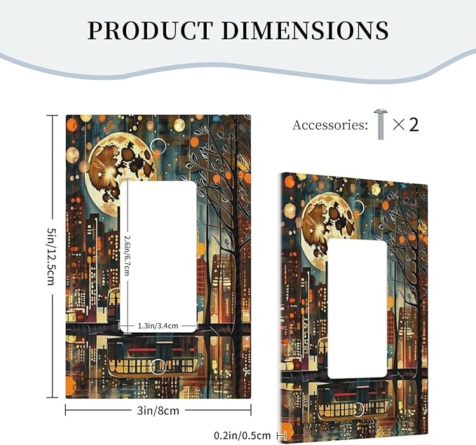 City Light Moon Bus Abstract Art Single Decora Outlet Wall Plate 1 Gang Rocker Decorative Switchplate Faceplate GFCI Light Switch Covers for Home Living Decor