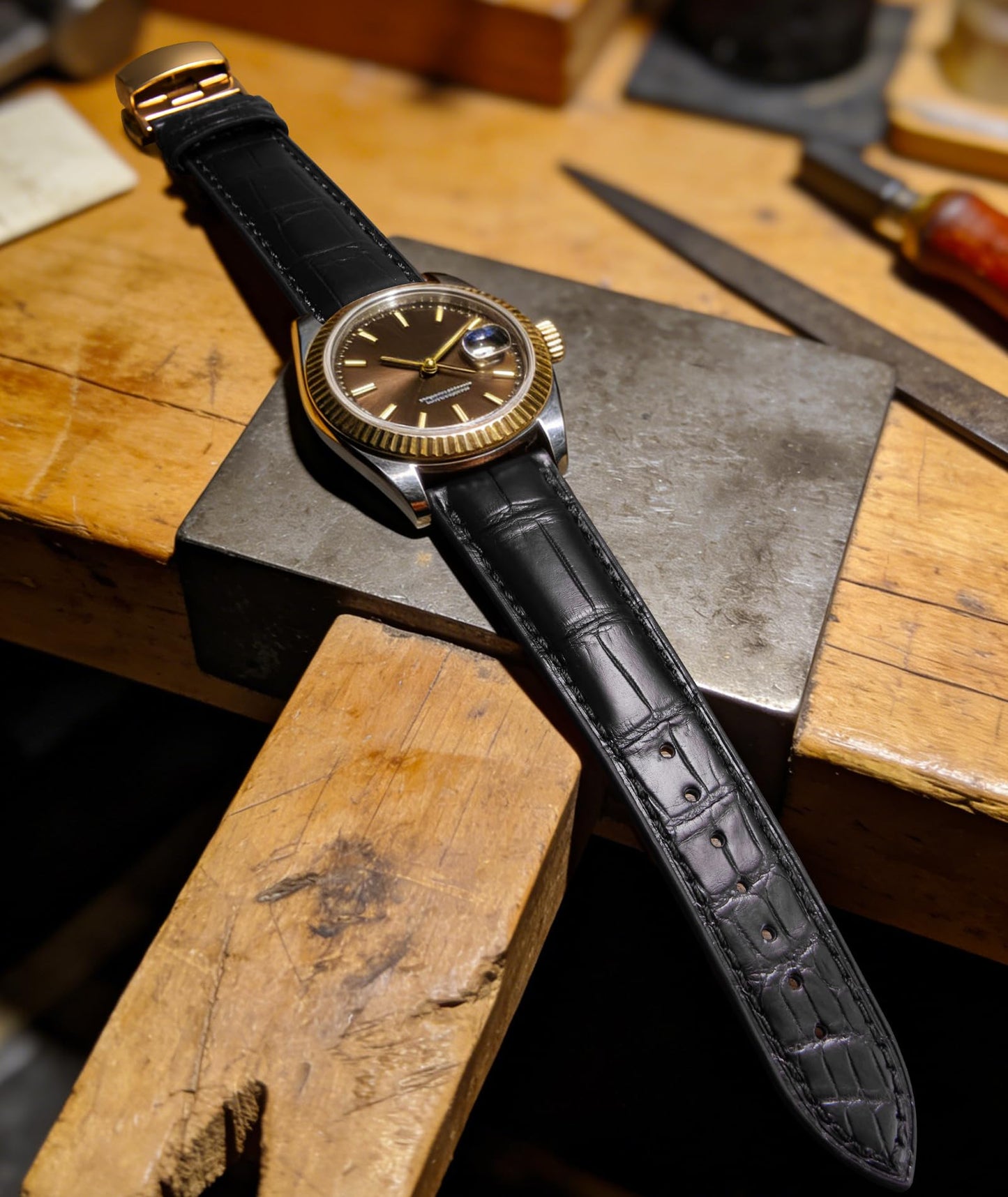 BINLUN Alligator Leather Watch Band for Men Crocodile Grain Leather Watch Straps Quick Release Replacment Genuine Classic Women Leather Watch bands 24mm Black with Gold Buckle
