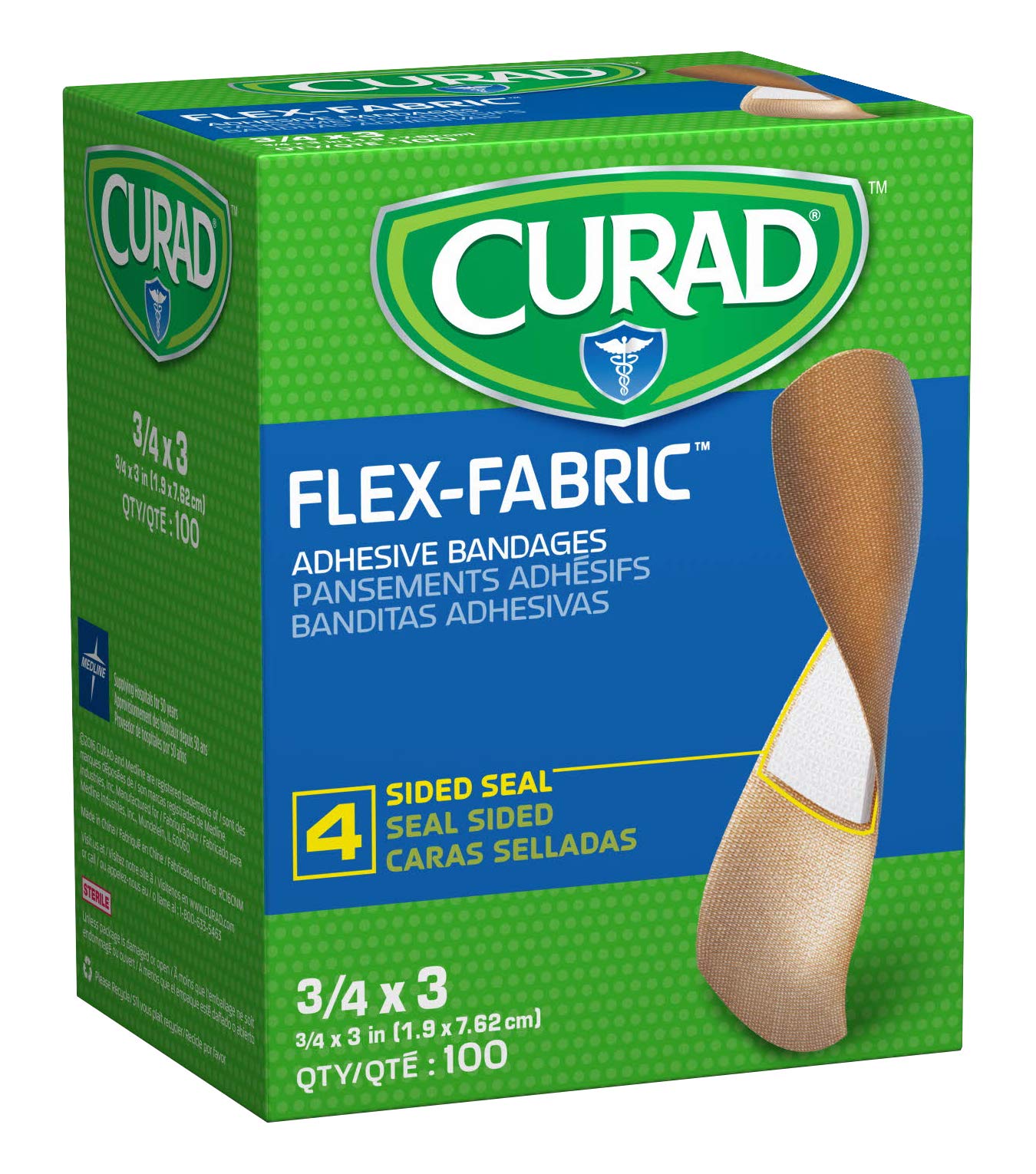 CURAD Flex Fabric Adhesive Bandages, Bandage Size is 3/4" x 3", ALL ONE SIZE, (Box of 100)