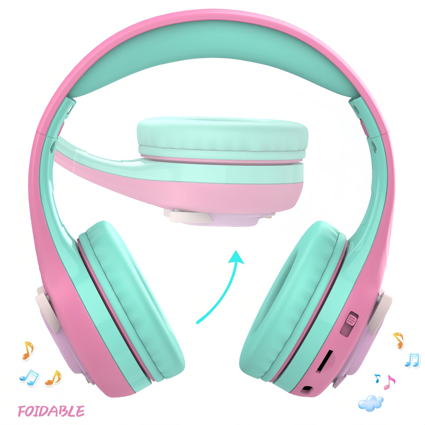 Riwbox CB-7S Kids Wireless Headphones,with Safe Volume Control 74/85/95dB,LED Glow Lights,50H Playtime,Bluetooth V5.3,Built-in Mic, TF Card Slot,for Travel/School/Phone/Laptop (Pink&Green)