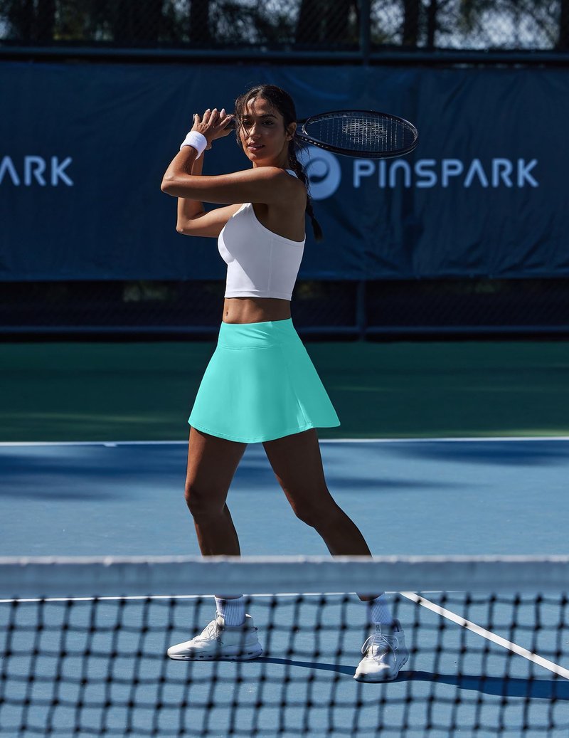 PINSPARK Pleated Tennis Skirt with Pockets Athletic Skort Women for Golf Pickleball Workout Tummy Control,Turquoise X-Small