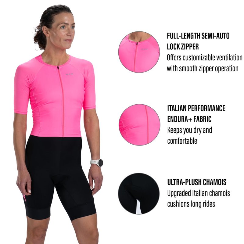 Zoot Women’s Core Tri Aero FZ Racesuit, Short Sleeve Moisture-Wicking Triathlon Suit, Plush Chamois & Race Day Storage - Bright Pink - Large