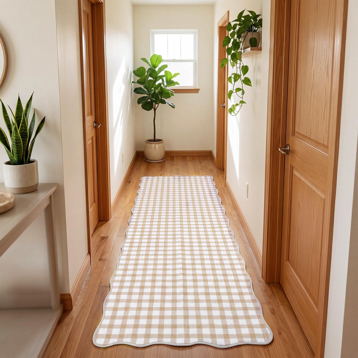 2 x 6 ft Scalloped Gingham Runner Rug - Hallway Washable Runner Rug Non Slip Khaki Gingham Long Laundry Runners with Rubber Backing Low-Pile Stain-Resistant Indoor Carpet, Soft for Entryway Bathroom