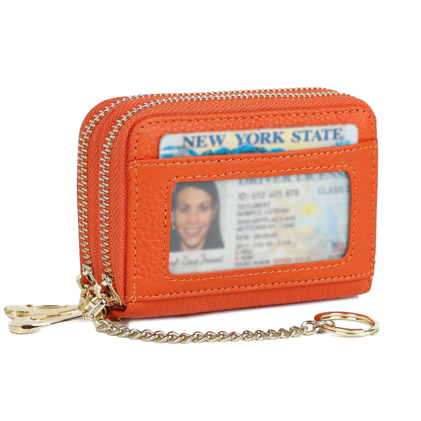 imeetu RFID Credit Card Wallet, Genuine Leather Zipper Card Case Holder with Removable Keychain(Max - Orange)