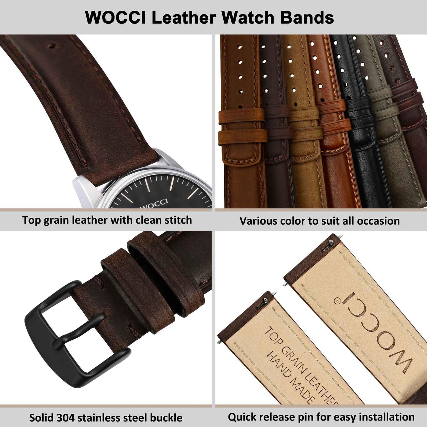 WOCCI 18mm Watch Band for Men and Women, Genuine Leather - Top Grain Leather, Quick Release Strap, Black Buckle (Bistre Brown)