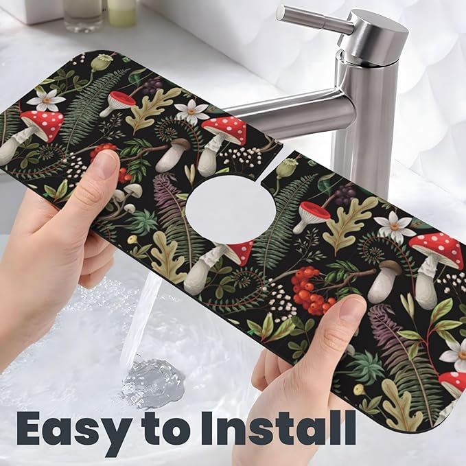 Forest Mushroom Mushrooms Leaves Flowers Kitchen Sink Splash Guard Faucet Mat