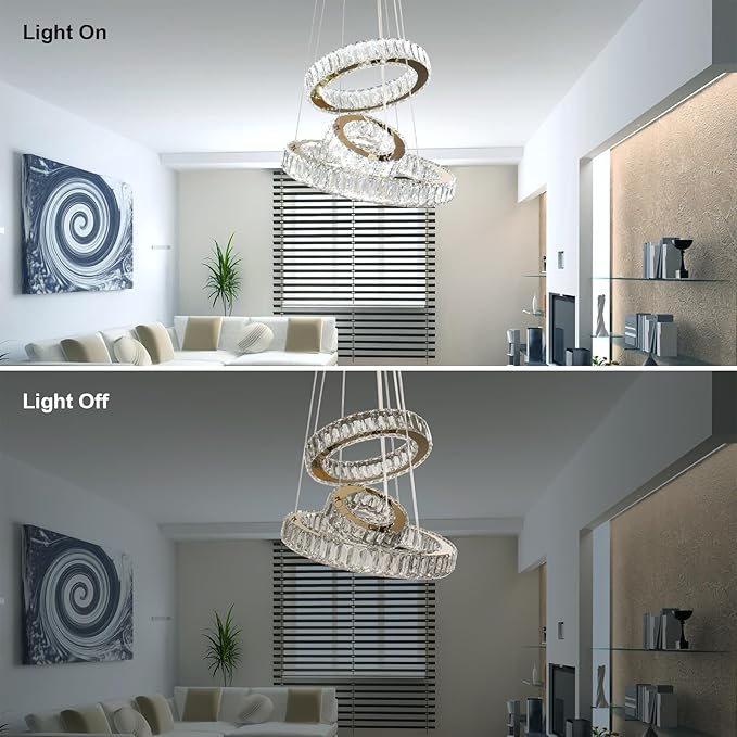 FRIXCHUR Modern LED Chandeliers Crystal Pendant Light 3 Ring Chandelier Hanging Crystal Ceiling Light Fixture Adjustable Pendant Light for Living Room Dining Room Bedroom Foyer Gold (Cool White)