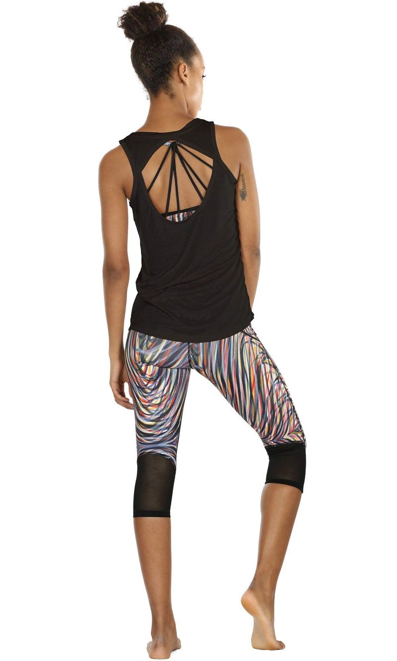 icyzone Yoga Tops Activewear Workout Clothes Open Back Fitness Racerback Tank Tops for Women (S, Black/Grey)