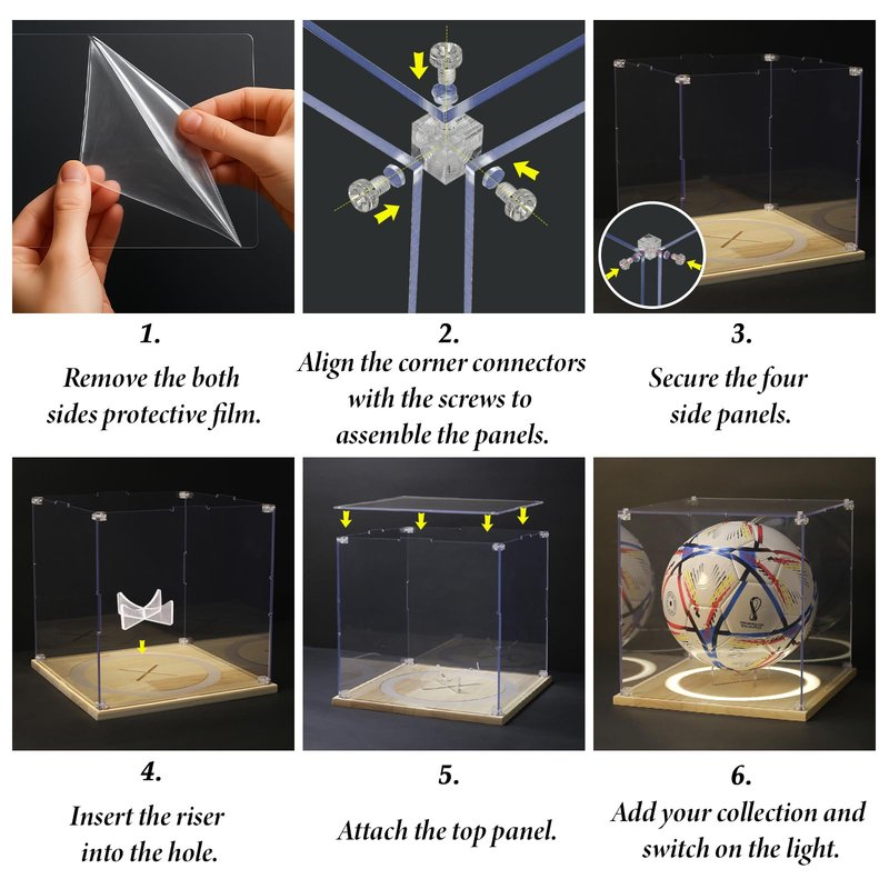DORYBEN Soccer Display Case with Light,Full Size Acrylic Box with Removable Built-in Ball Display Stand, UV Protected Clear Case for Soccer Fans & Collectors, Sports Collectibles