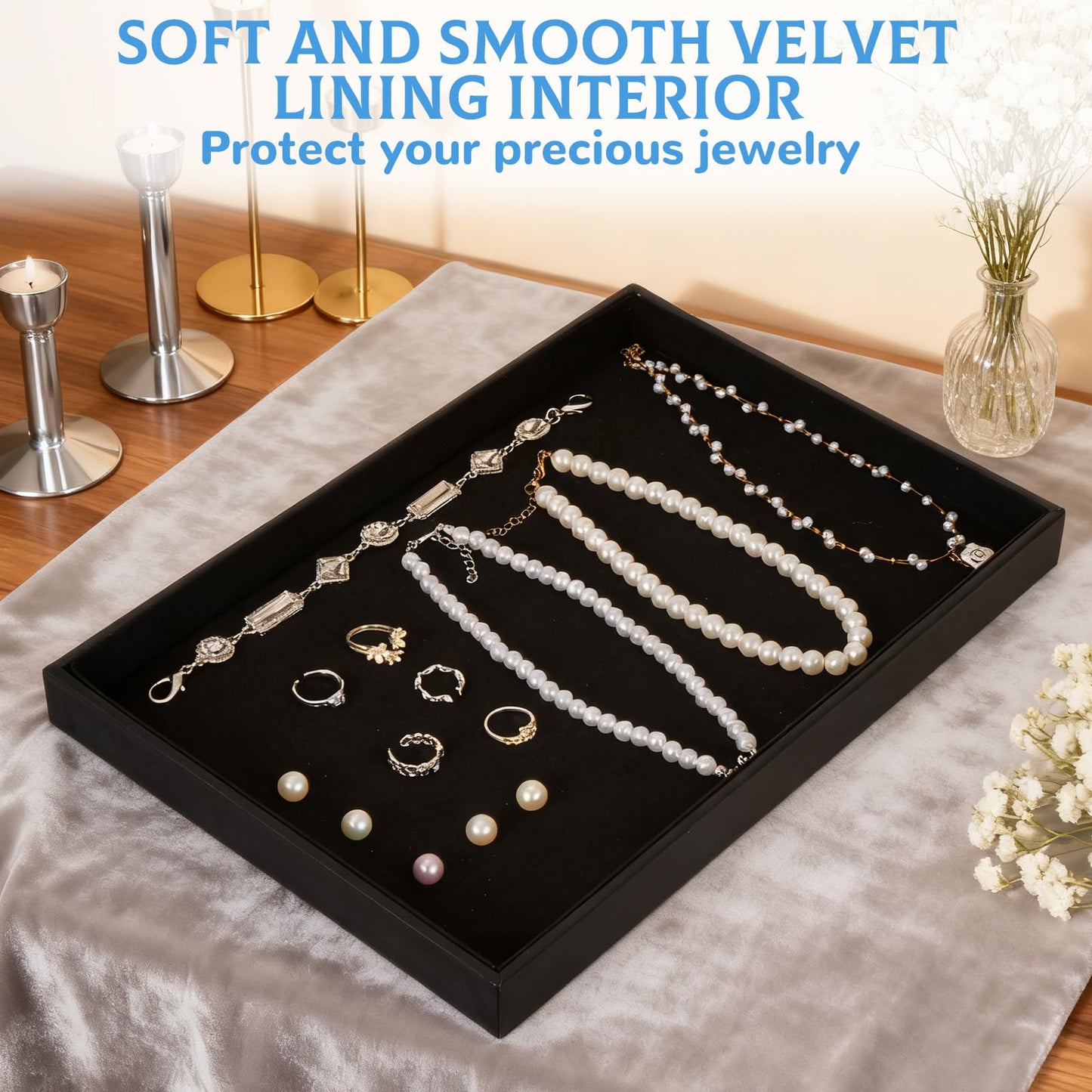 Rainmae 6 Pcs Velvet Stackable Jewelry Tray Showcase Display, Jewelry Organizer Trays for Drawers and Countertop, Black Empty Plates for Necklace, Ring, Bracelet, and Earring Storage Display