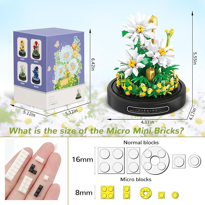 QLT QIAOLETONG Flower Bouquet Building Set 490 PCS White Daisy Mini Building Blocks Kit for Adults Flower Botanical Collection for Home Decor Mother's Day for Mom