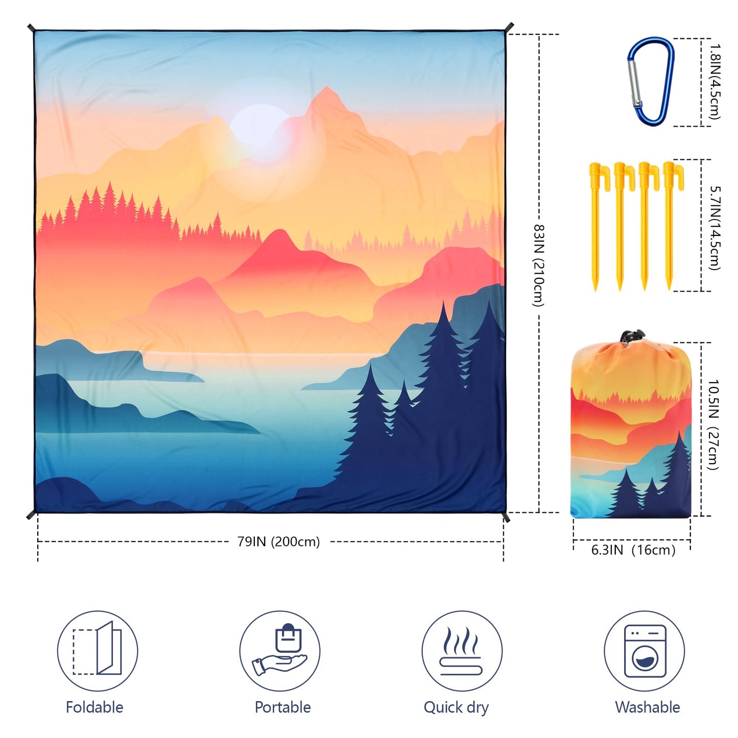 Beach Blanket Waterproof Sandproof Beach Mat 79" X 83"/10'x9'for 2-8 Adults Quick Drying Outdoor Picnic Mat Beach Accessories for Travel, Camping, Hiking