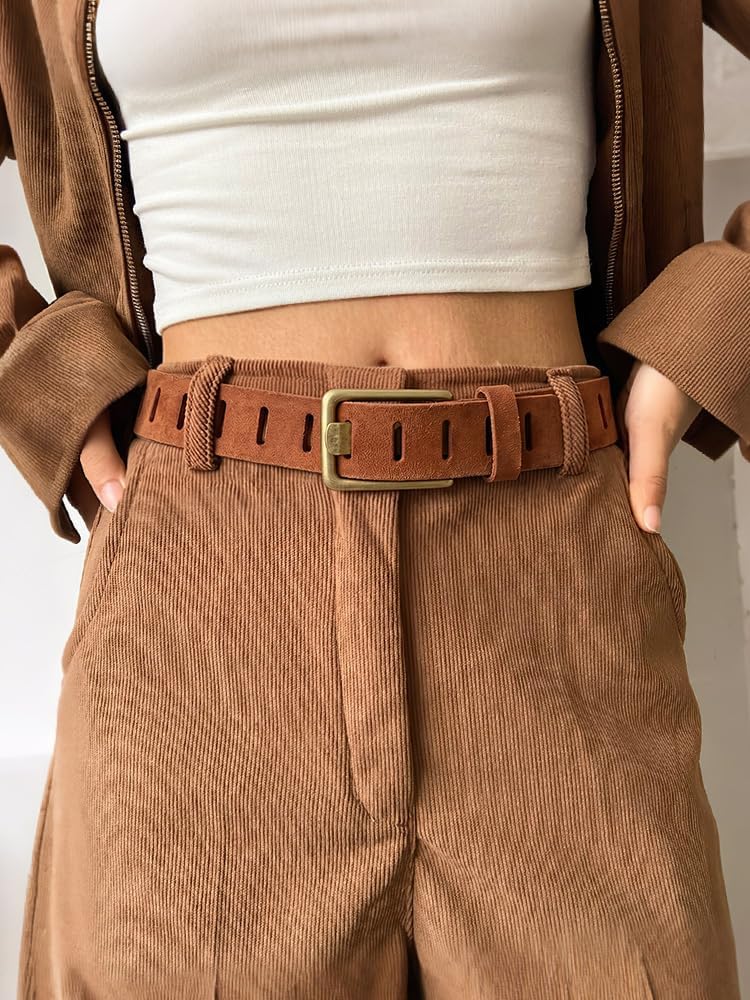 WHIPPY Genuine Leather Belt for Women Western Belt for Jeans with Vintage Gold Buckle & Full-Hole Strap, 1.5" Wide, Brown, S