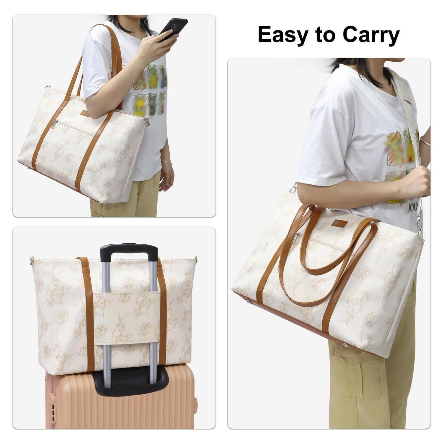 Laptop Bag for Women 17 Inch, Leather Laptop Tote Bag Waterproof Computer Bag Office Work Bag Business Briefcase with Compartment&Shoulder Straps (A3-Beige/Brown Flower, 17.3 inch)