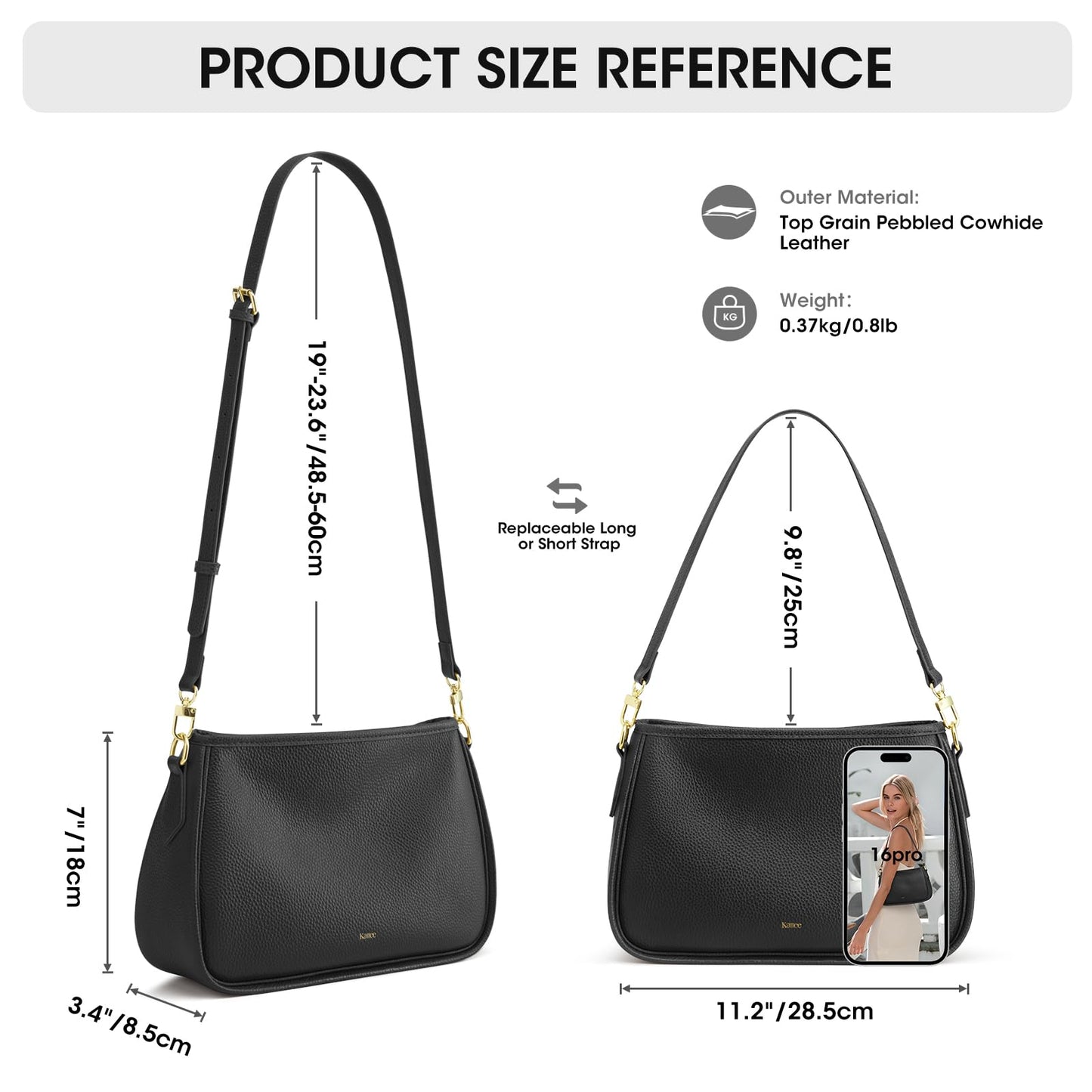 Kattee Shoulder Purse for Women, Medium Leather Black Crossbody Bags Trendy, Clutch Hanbags Purses, Small Hobo Bags with 2 Removable Straps