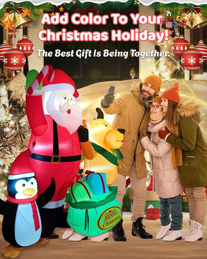 7FT Christmas Inflatables Outdoor Decorations, Blow Up Yard Decorations with Santa Claus Penguins Reindeer and Gift Bag Inflatable with LED Lights for Indoor Outdoor Yard Garden Decor