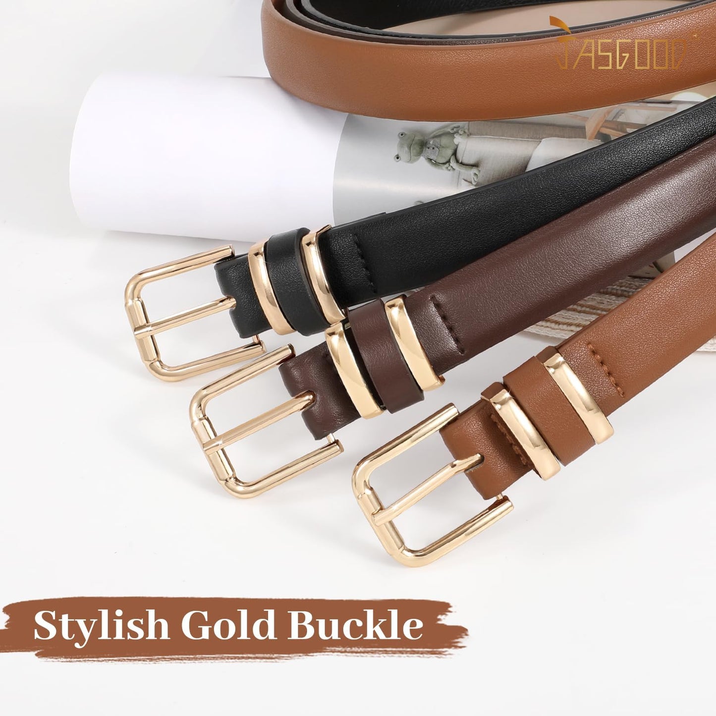 JASGOOD 3 Pack Chocolate Brown Belts for Women Leather Belts for Jeans Pants Ladies Waist Belt Fashion Chocolate Brown Belt with Gold Buckle