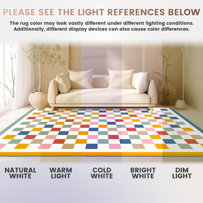 Washable 5x7 Checkered Area Rug for Living Room, Colorful Rainbow Checkerboard Modern Large Rugs, Faux Wool Low Pile Lightweight Indoor Carpet with Non-Slip Backing for Bedroom Kids Nursery Play Room