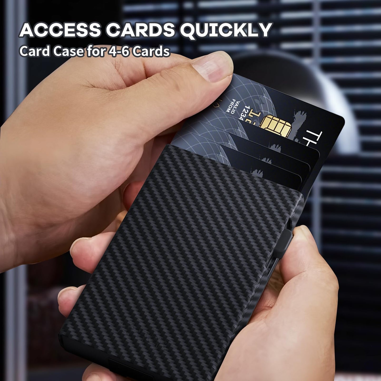 HLHGR Wallet for Men, Gift Boxed Slim Minimalist Wallet for Men with Money Clip and Genuine Leather Slots RFID Blocking Pop Up Metal Aluminum Smart Wallet Card Case (Carbon Fibre Black)