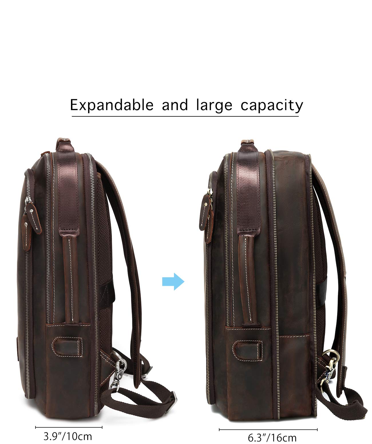 LANNSYNE Men's Full Grain Leather Expandable 15.6 Laptop Backpack Tote Shoulder Travel Bag Rucksack