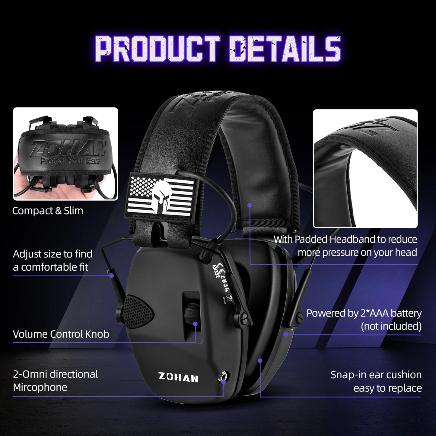 ZOHAN Electronic Shooting Earmuffs Built in Ambient Sound Amplifier, Hearing Protection for Shooters, NRR 23dB Noise Reduction, Ideal Gun Range Ear Protection Headphones for Hunting-Black