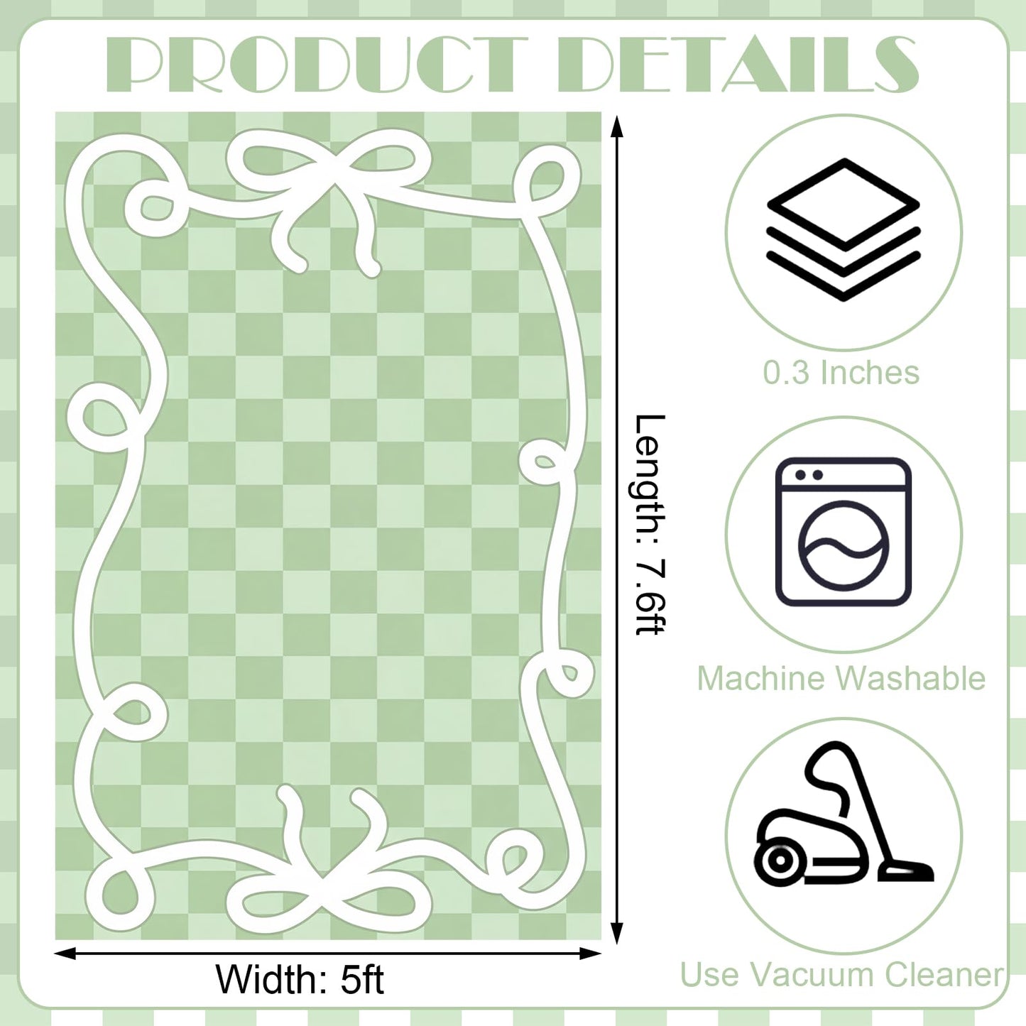Klyyo Clyro Back to School Decoration Classroom Area Rug Green Bow Border Check Classroom Educational Area Rug for Kids, Children's Schoolroom for Teaching and Playroom, 5 x 7.6 Ft, Seats 20