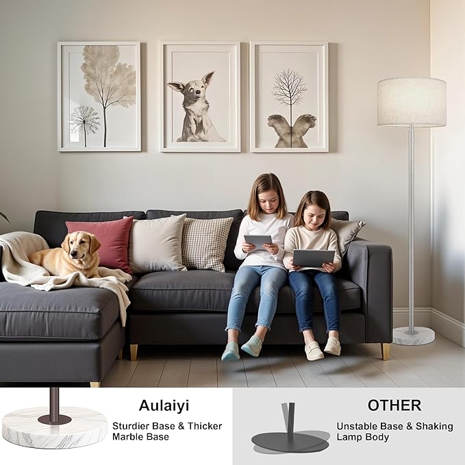 Floor Lamp for Bedroom,Dimmable Brushed Nickel Floor Lamp,Modern Standing Lamp with Marble Base,Tall Standing Lamp for Bedroom, Reading,Office & Kids' Room,LED Bulb Included