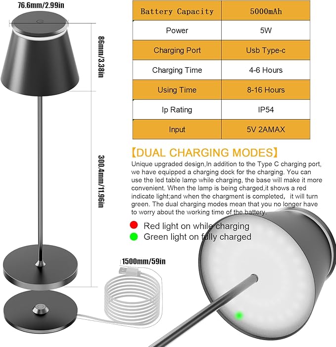 Cordless Table Lamp Rechargeable,5000mAh Battery Operated Desk Lamp,Waterproof Touch Dimmable Light with Remote,3 Color Stepless Dimming Up,for Bedroom/Office/Bars/Camping. (Black, 1pcs)