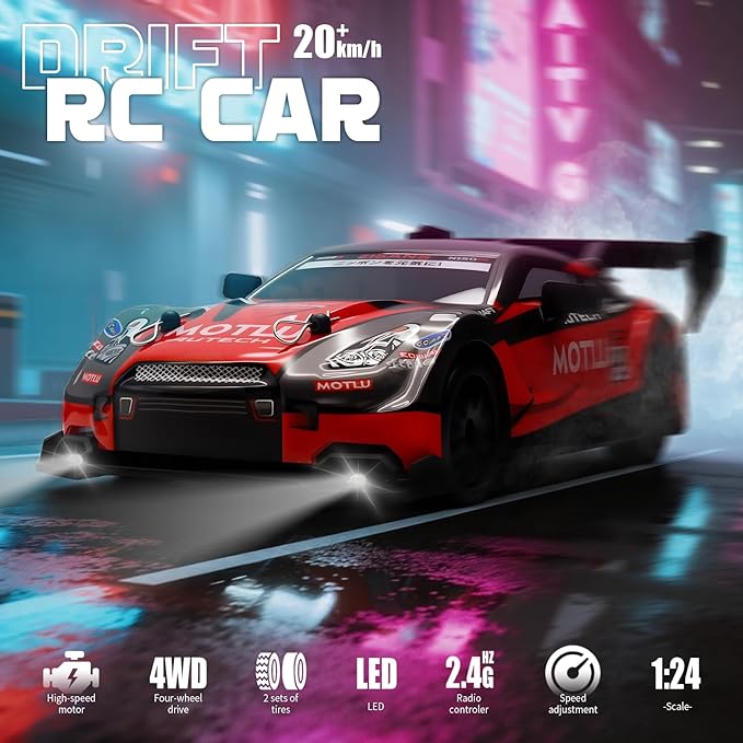 RC Drift Car 1:24 Scale Remote Control Vehicle for Kids2.4GHz 20KM/H 4WD High Speed RC Cars with LED Light Two Batteries &amp Drifting Tires Racing Sport Toy Cars for Adults Boys Girls Kids 8601BK