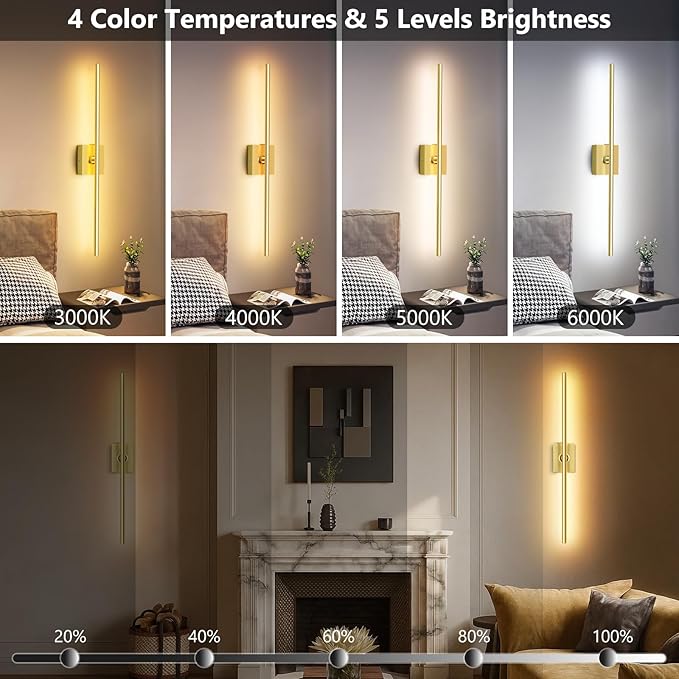 Eneru Battery Operated Wall Sconce Lights - 10000mAh Rechargeable Wireless Wall Sconces Set of Two with Touch and Remote, 360° Rotate, 4 Colors LED Wall Lamp for Living Room Bedroom Hallway (Gold)