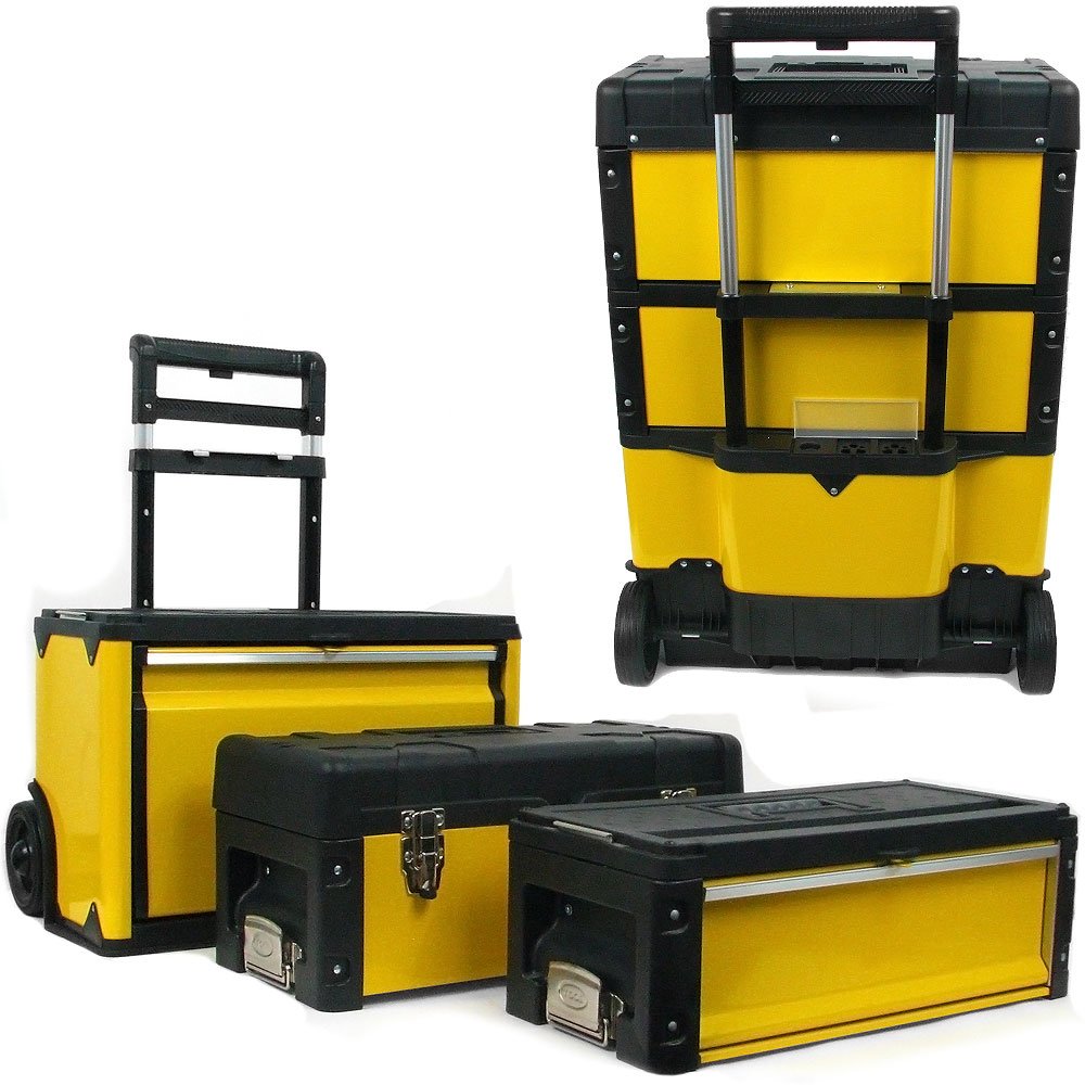 Portable Tool Box on Wheels - Stackable 3-in-1 Chest for Workshops and Craft Rooms - Foldable Comfort Handle and Latches by Stalwart (Black/Yellow)